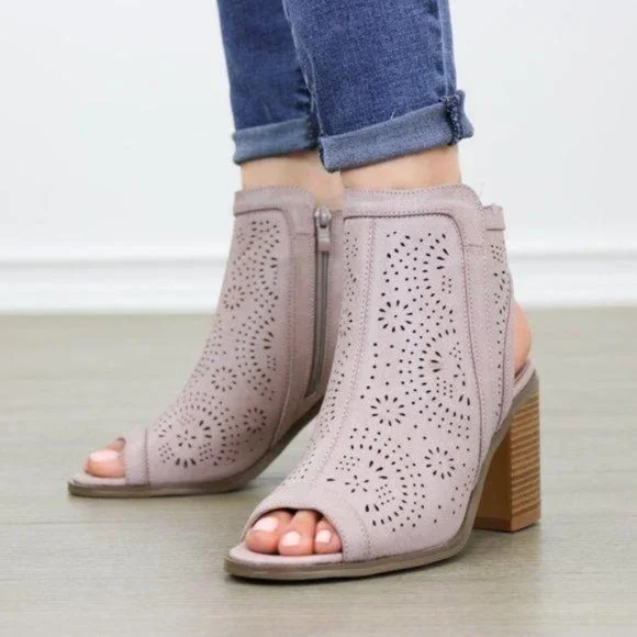 Mauve Laser Cut Design Open Toe Ankle Boots - Picture 5 of 7